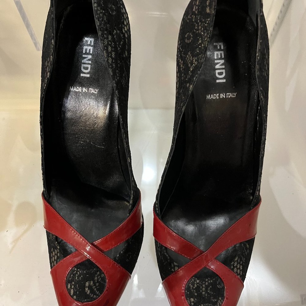 Fendi women's pumps, intricate design of burgundy patent and black lace. Size 8.